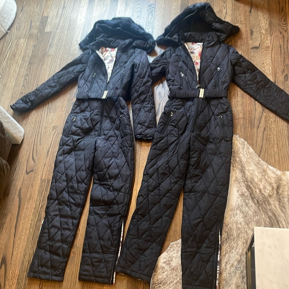 Black quilted ski suits (2 matching) with removable fur hood